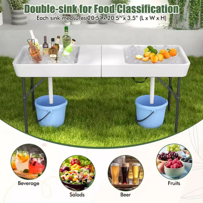 Costway 5 FT Foldable Ice Table w/Double-Sink Detachable Table Skirt Chilling Table
