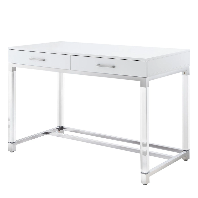 HomeRoots 48 White Clear and Gold Wood Acrylic and Stainless Steel Writing Desk With Two Drawers