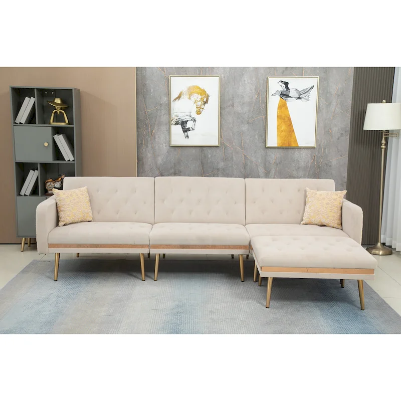 Polyester Upholstered Tufted Sleeper L-Shaped Sectional Sofa With Ottoman
