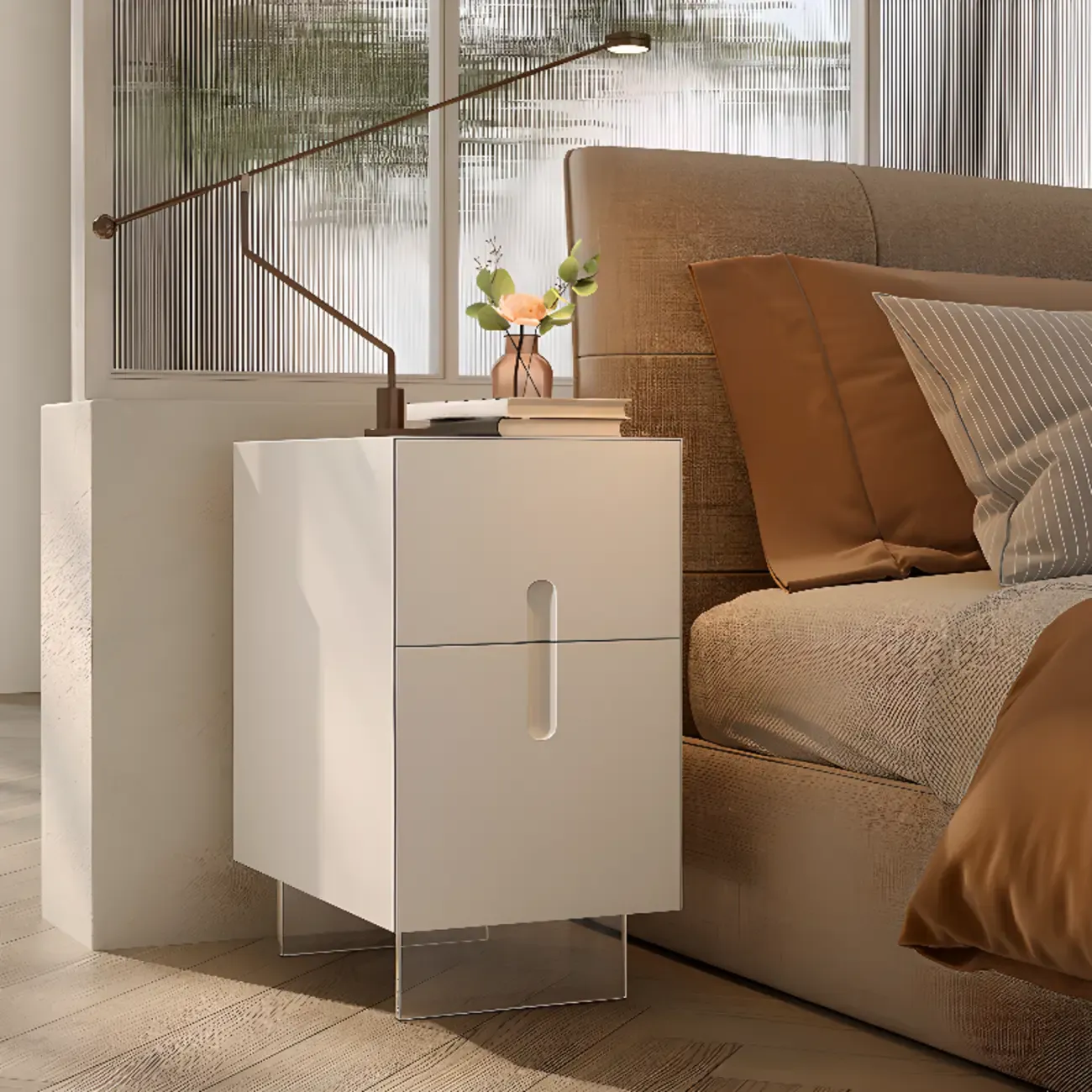 Modern White Wood Clear Base 2-Drawer Nightstand