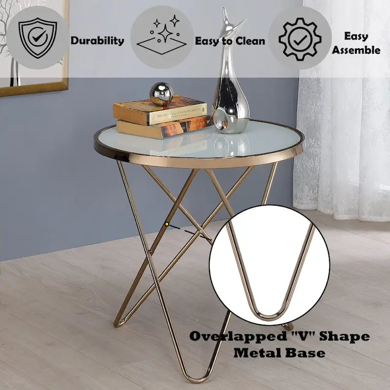 Frosted Glass Top & Champagne Finish Round End Table, with V-shaped Metal Base