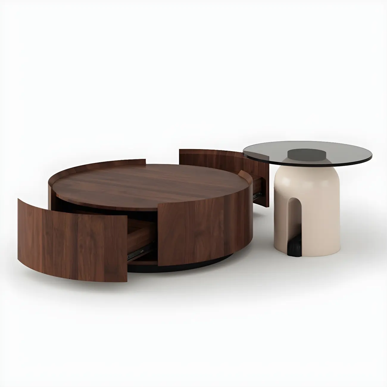 Brown Modern Stylish Round Wood Drawer Coffee Table