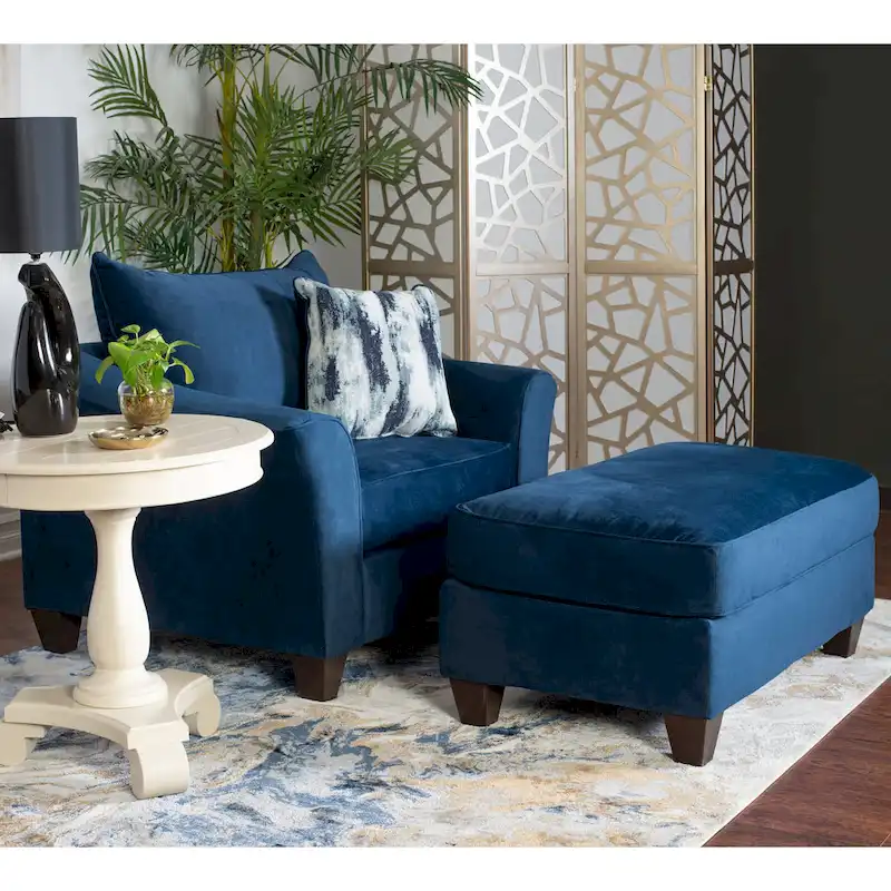 Roundhill Furniture Camero Fabric Pillowback Navy Blue Chair/Ottoman Set