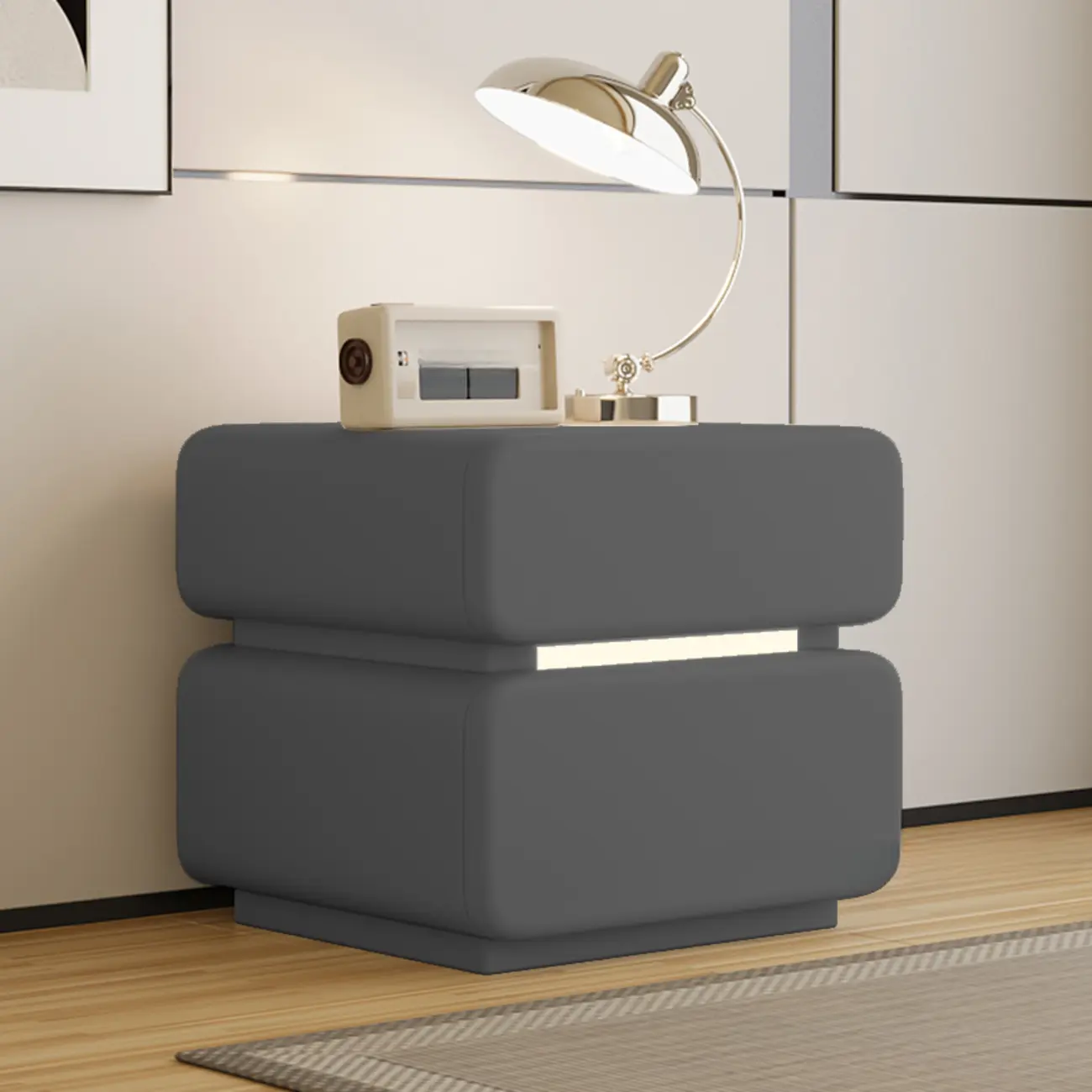 Modern Black Leather Top  2 Drawers Accent Nightstand