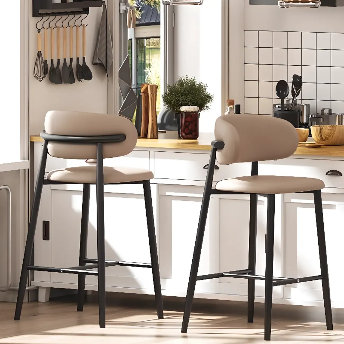 Modern Off-White Leather Curved Back Counter Bar Stools
