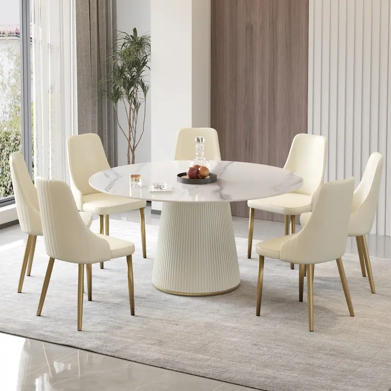 Round PU Pedestal Dining Table Faux Marble Dining Table