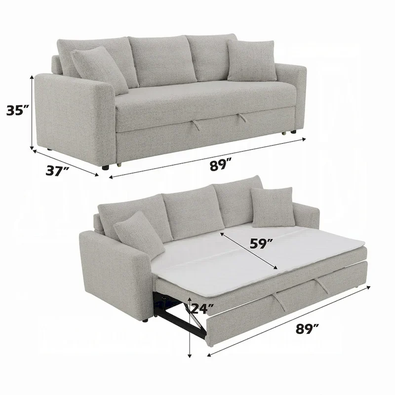 Sleeper Sofa, Full Fold Out Bed, 2 Pillows, Gray Boucle, 89 Inch