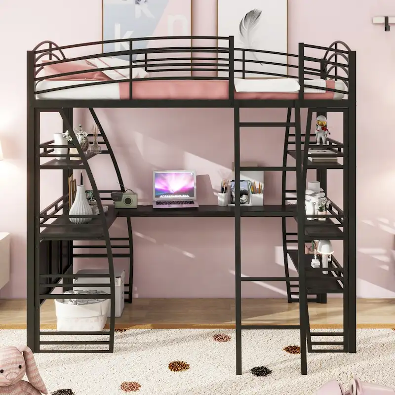 Twin Size Loft Bed with 4 Layers of Shelves and L-shaped Desk, with a set of Sockets, USB Ports and and Wireless Charging