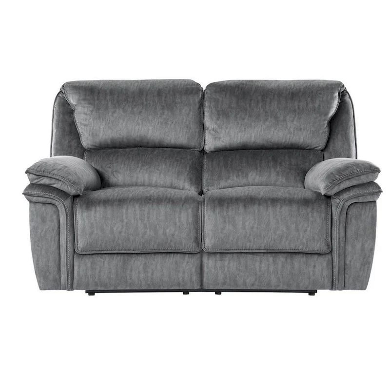 Muir 65 Inch Manual Recliner Loveseat, Tufted Gray Microfiber, Solid Wood
