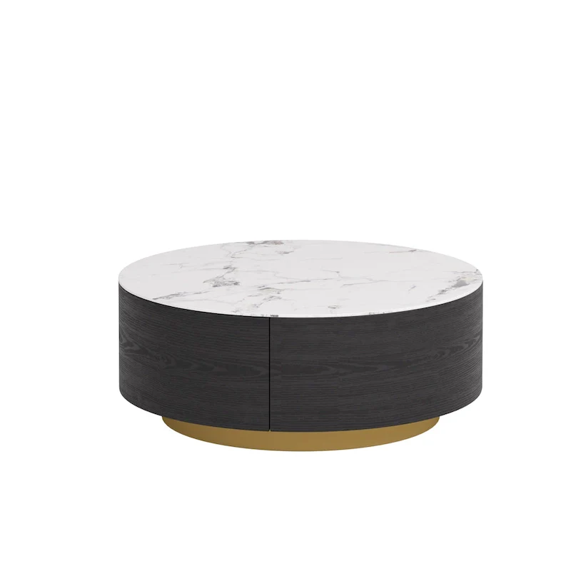 Modern Drum Coffee Table with Oak Veneer, Sintered Stone Coffee Table with 2 Solid Wood Drawers
