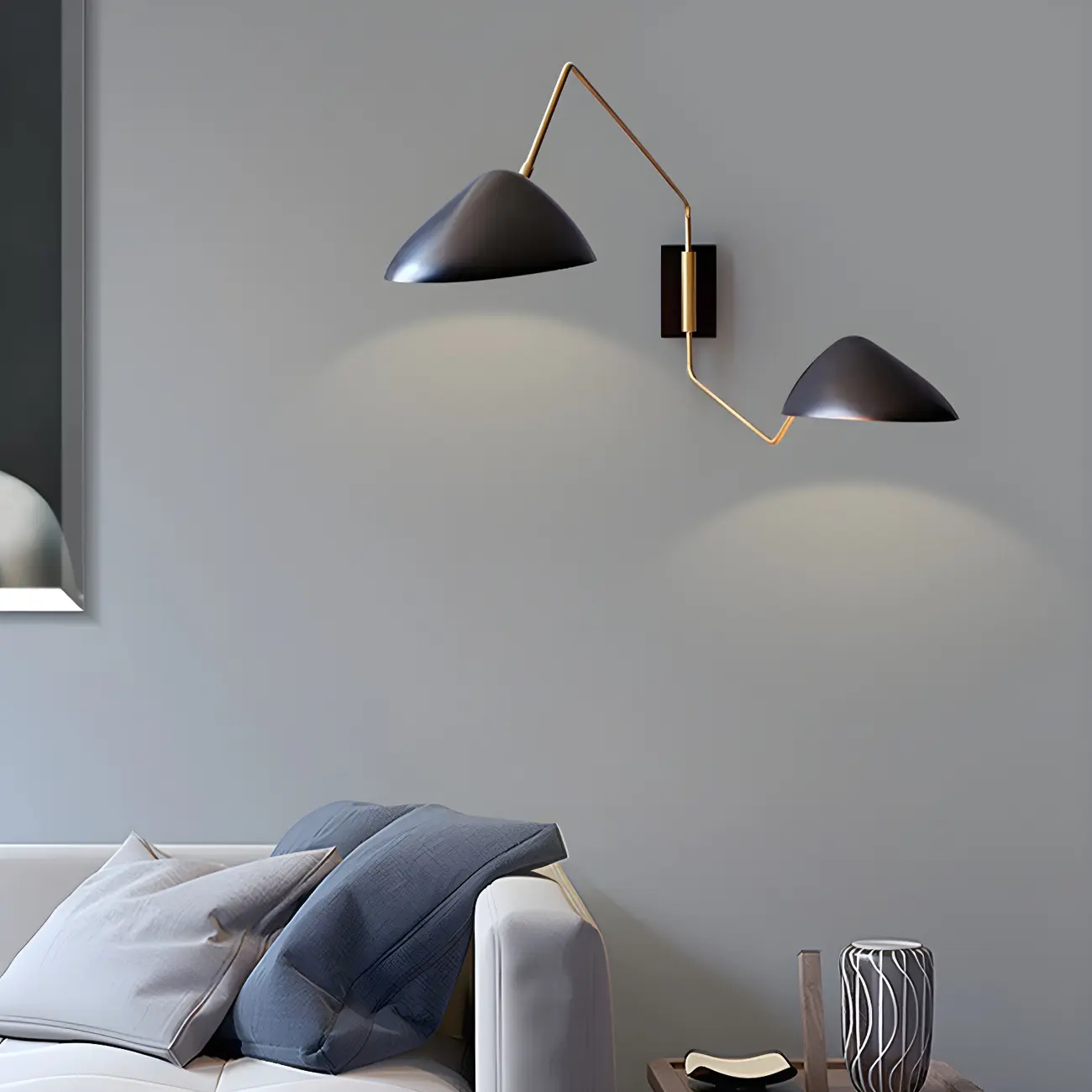 Modern 2-Light Black and Brass Swing Arm Wall Light