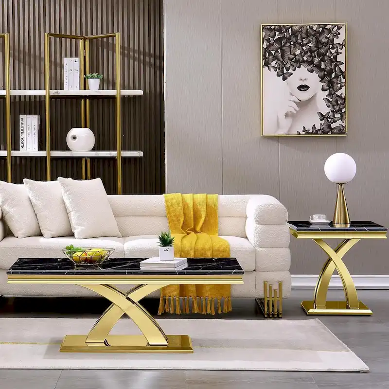 Luxurious 22 inch Black and Gold End Table with Polished Stainless Steel X Base