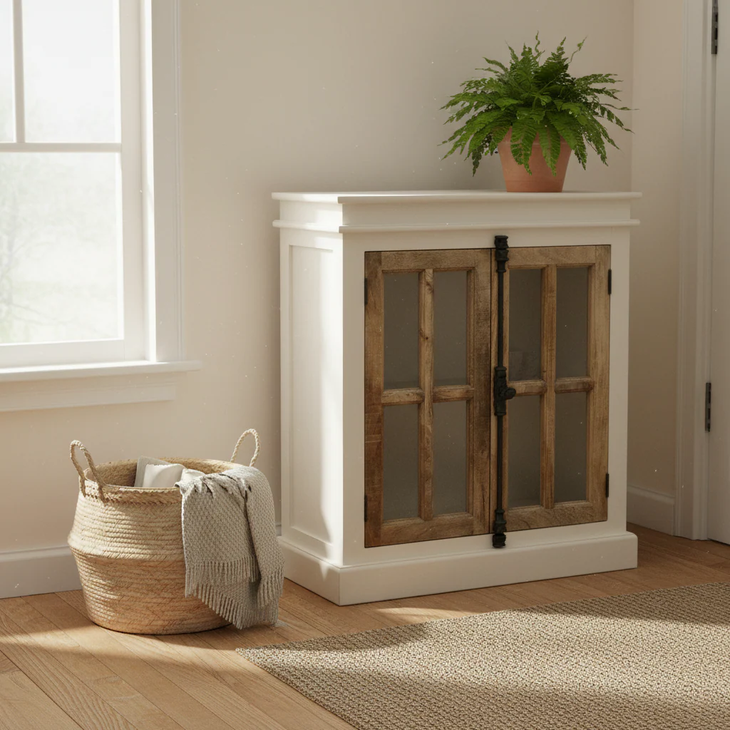 Two Tone Cabinet with Tempered Glass Window Pane Doors