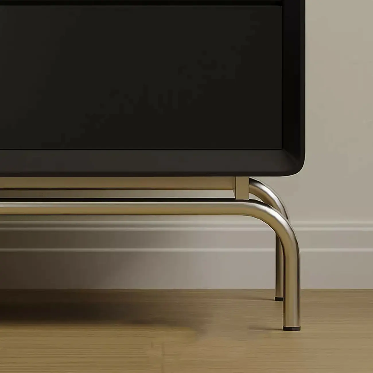 Classic Black Wood 2 Drawers Nightstand with Silver Metal Base