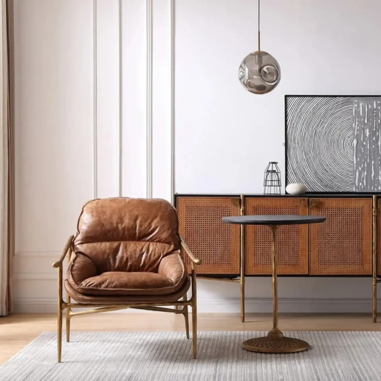 Mid-Century Modern Genuine Leather Accent Armchair