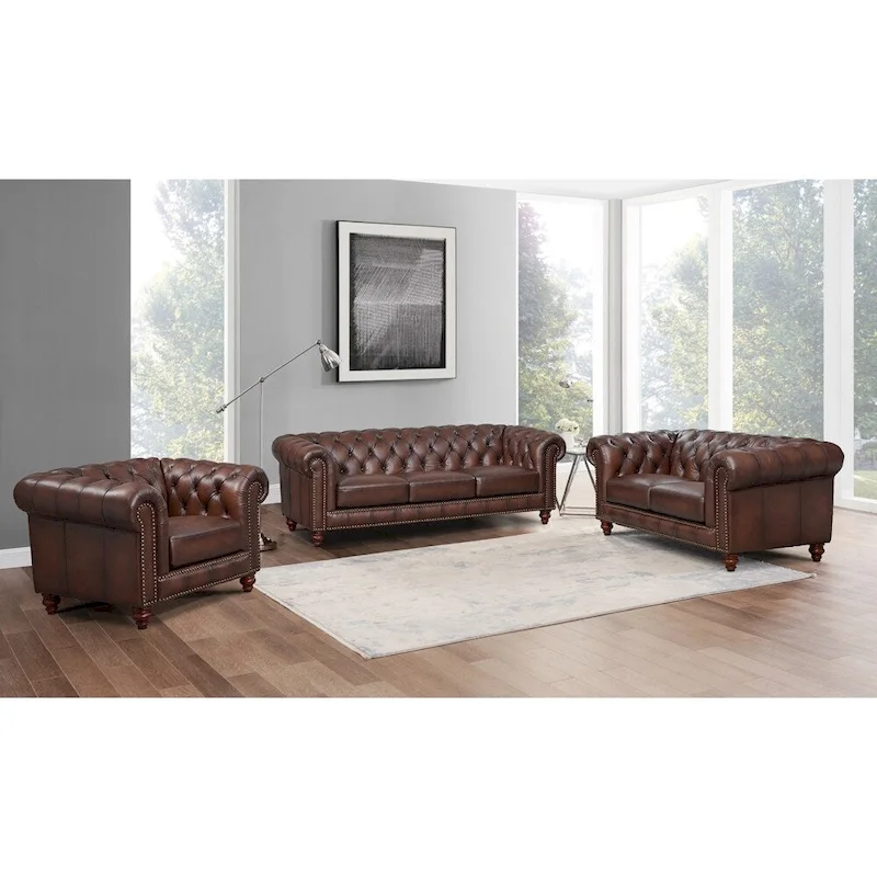 Top Grain Leather Chesterfield Sofa, Loveseat and Chair