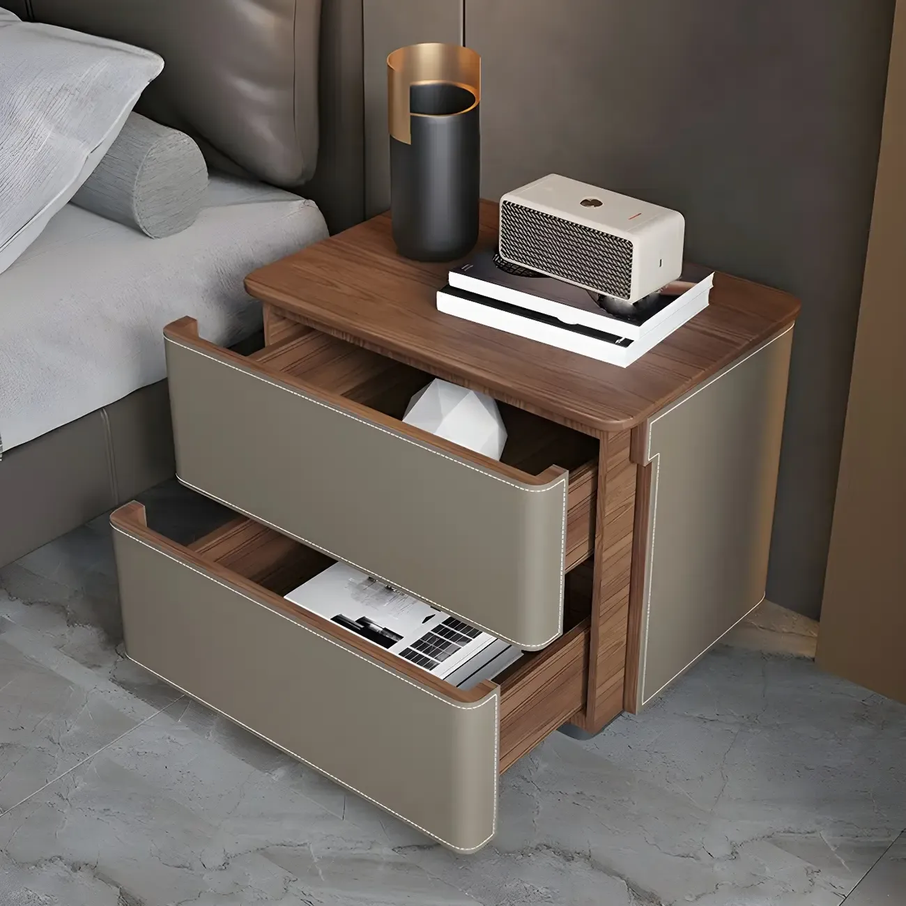 Modern Faux Leather Wood Top Drawers Nightstand