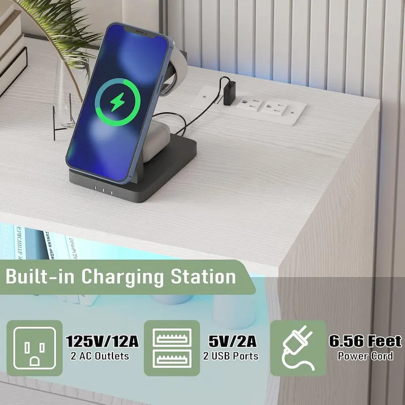 Modern Wood Dresser with 8 Drawers, Bedroom Dresser with Charging Station & LED Lights