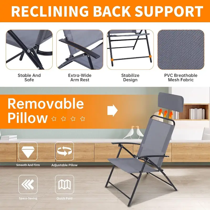 4 Piece Patio Dining Set, Garden Furniture Bistro Set with Tilted Removable Umbrella, 2 Folding Chairs, Round Glass Table (Grey)