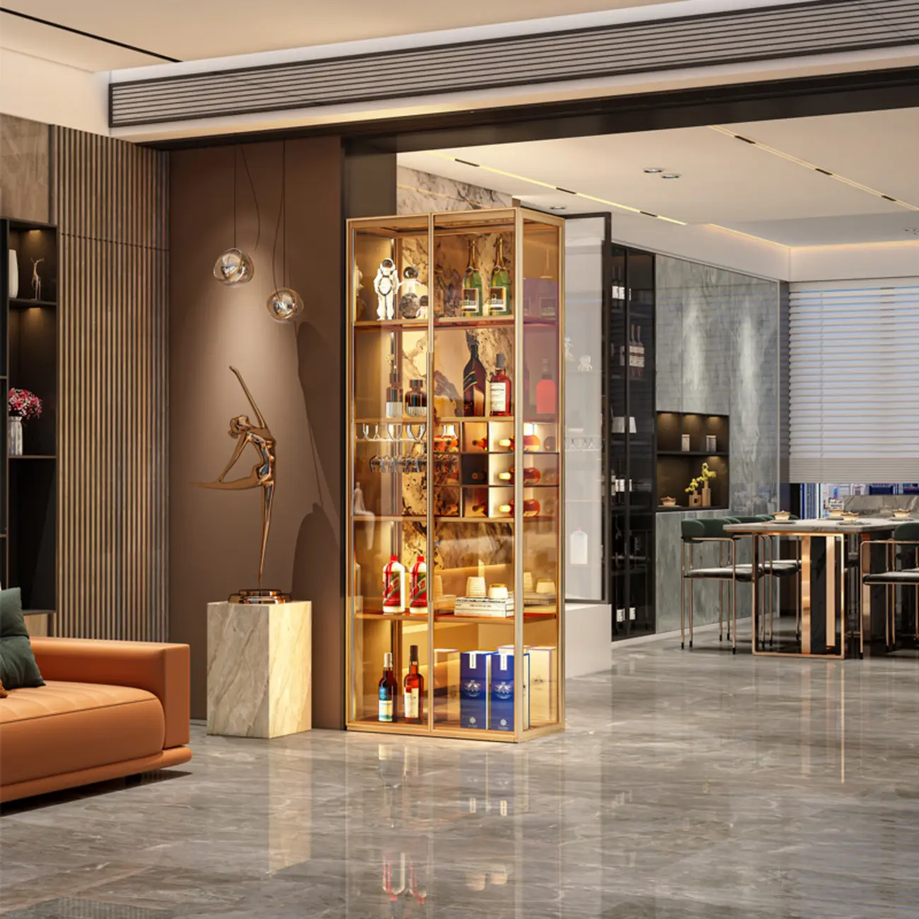 Luxury Multi-Layer Tan Glass Curio Cabinet with Light