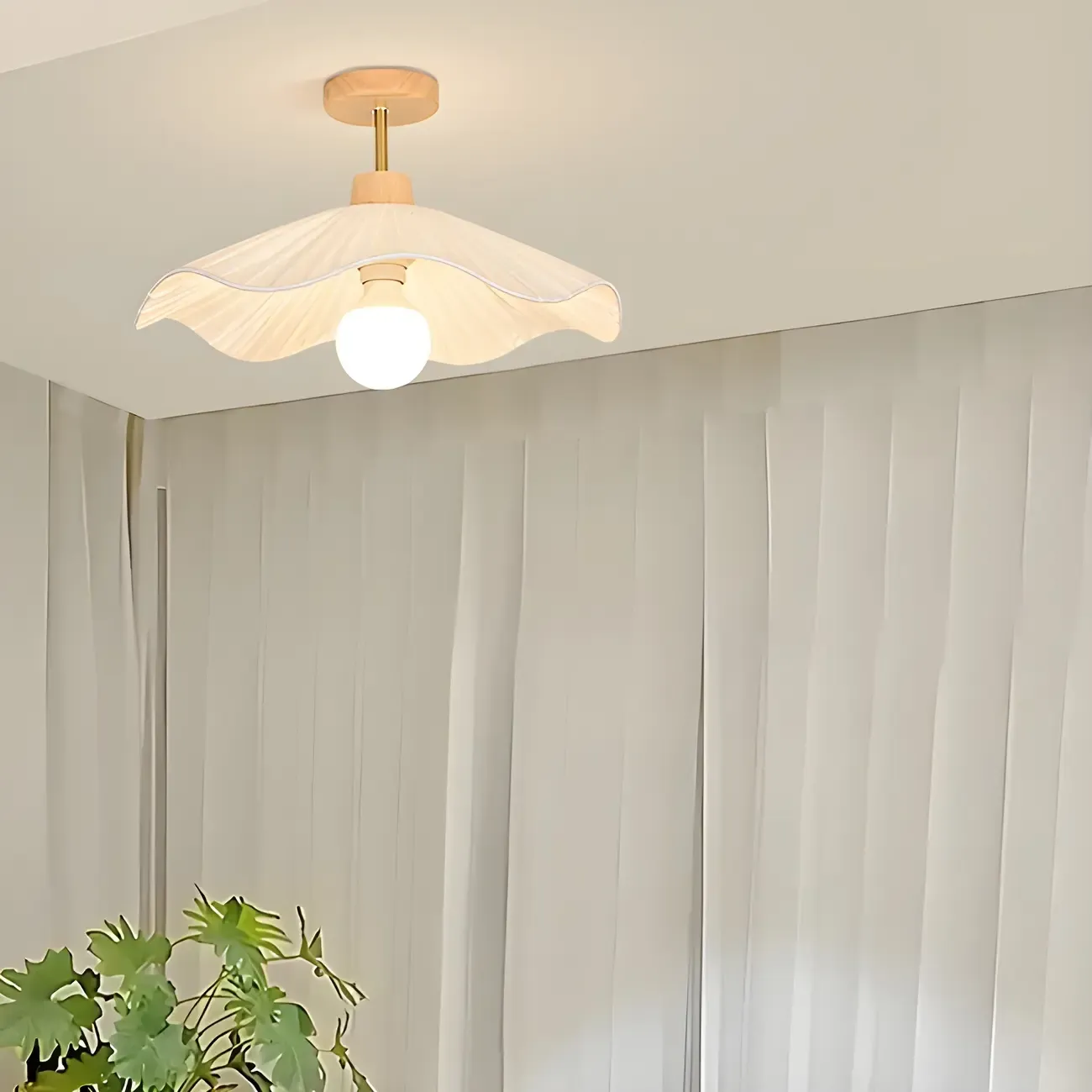 Natural Finish Wood Semi Flush Ceiling Light with Fabric Shade