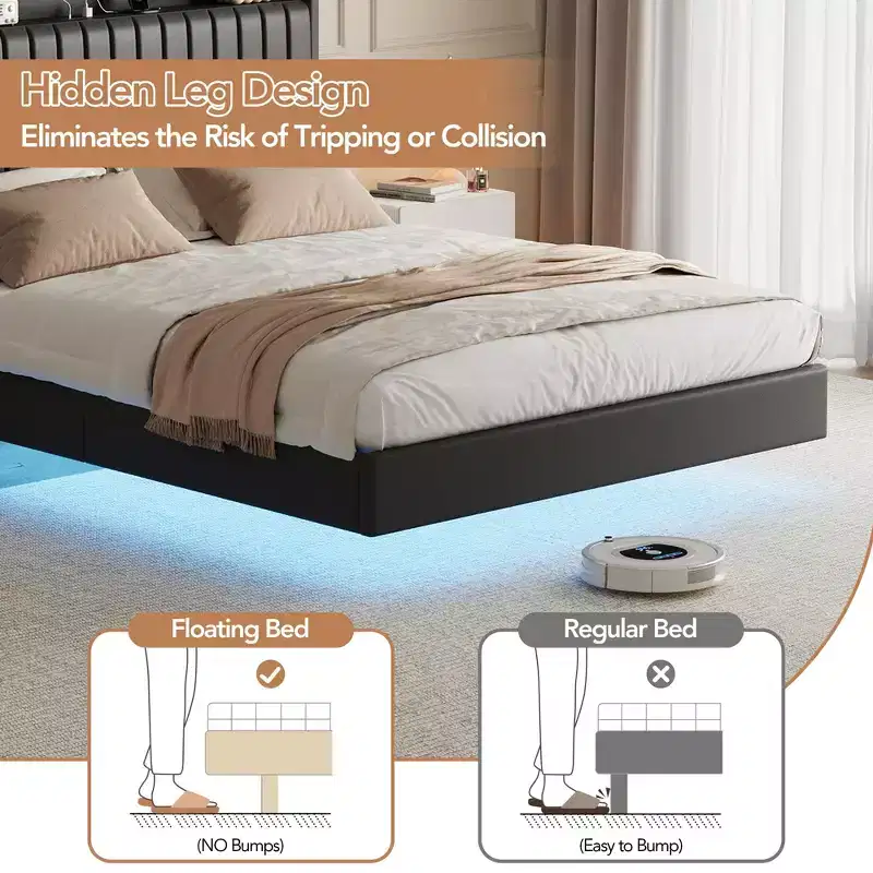 GustoWave Floating Bed Frame, with LED Lights & Charging Station