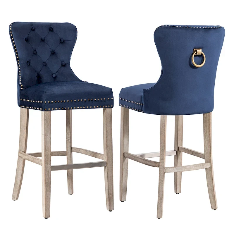 Carter 29  Wingback Tufted Nailhead Bar Stool (Set of 2), Antique Grey Legs