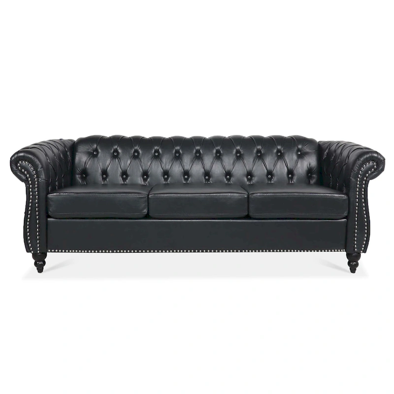Faux Leather Rolled Arm Chesterfield Three Seater Sofa