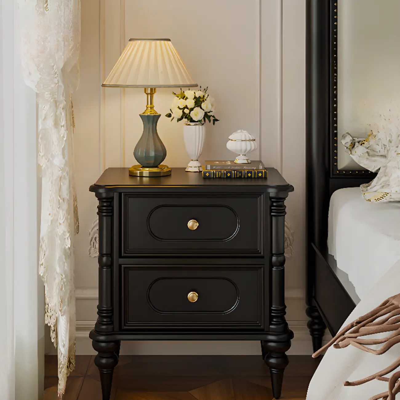 Traditional Black Wood 2 Tiers Drawer Nightstand