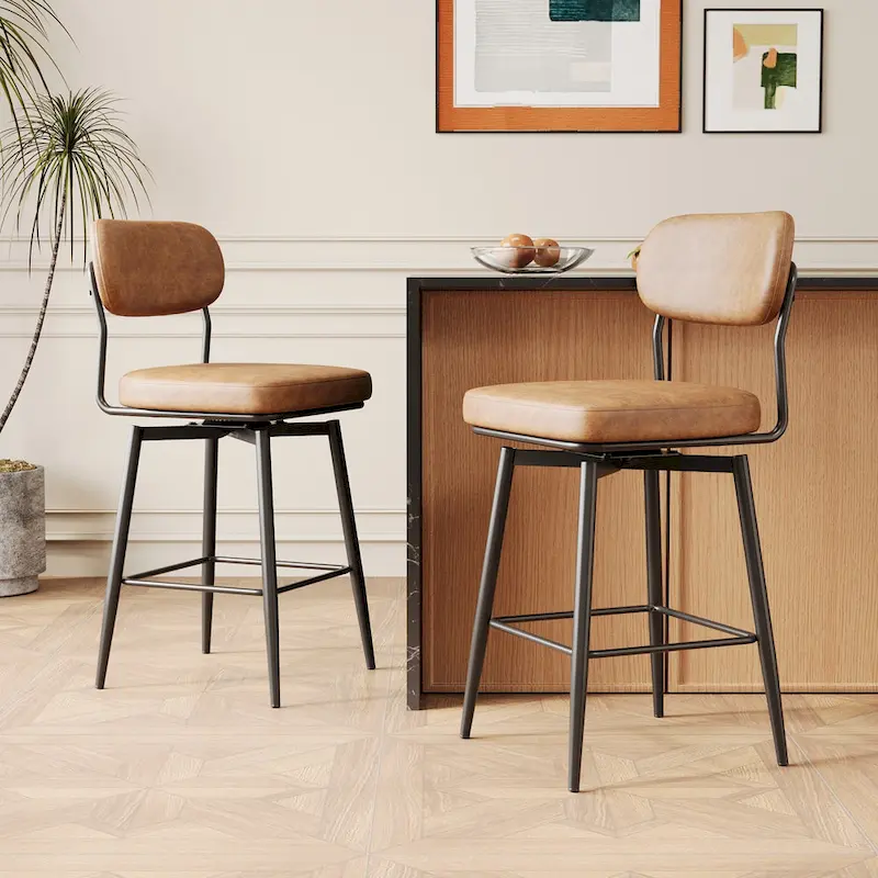 Leather Swivel Bar Stools with Iron Base - Set of 2