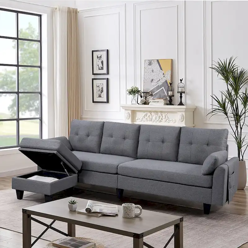 Modern Sectional Sofa Couch L Shaped With Chaise Storage Ottoman and Side Bags For Living Room