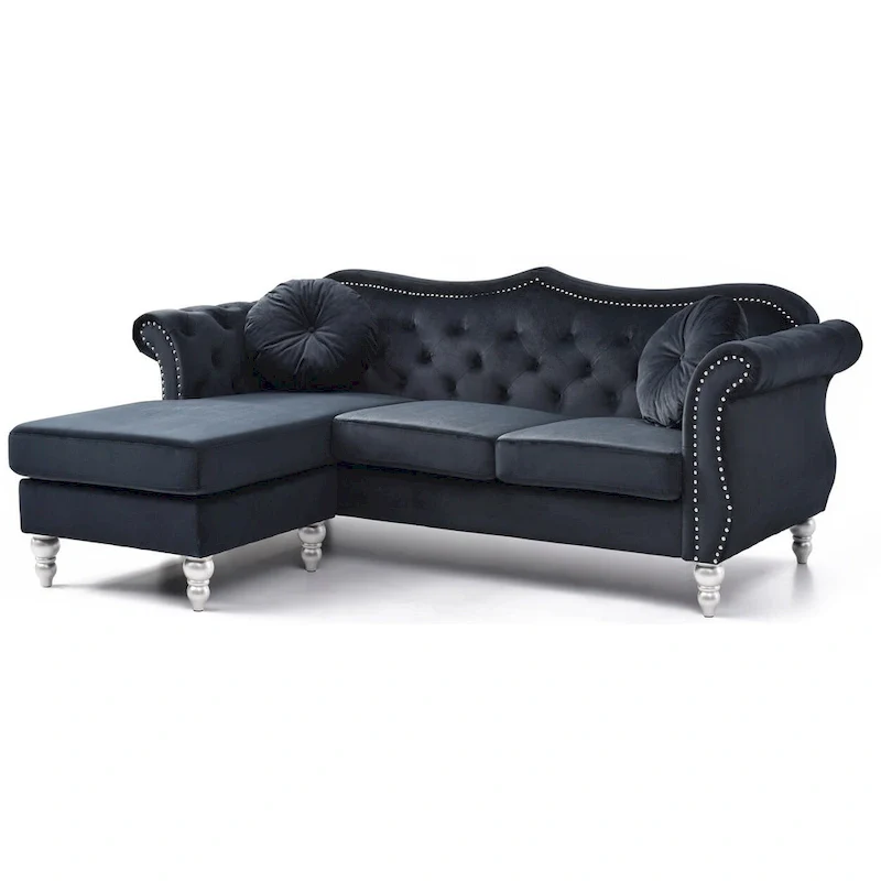 81 in. Velvet Chesterfield Sectional Sofa with 2-Throw Pillow - 81L x 35W x 34H