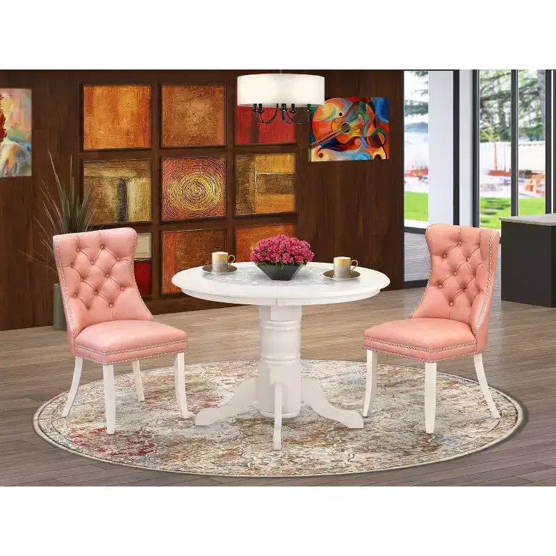 3-Piece Linen white Solid Wood Top - Round Upholstered Dining Room Set - Seats 4