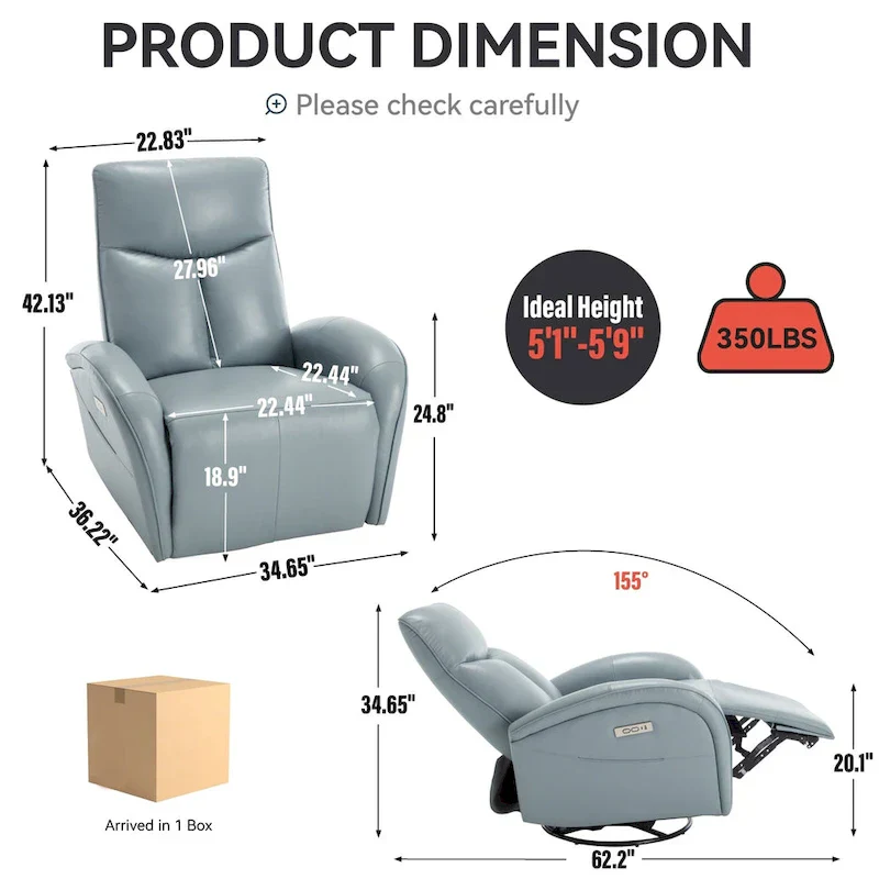 Blue Genuine Leather Power Recliner with Swivel & USB Charging