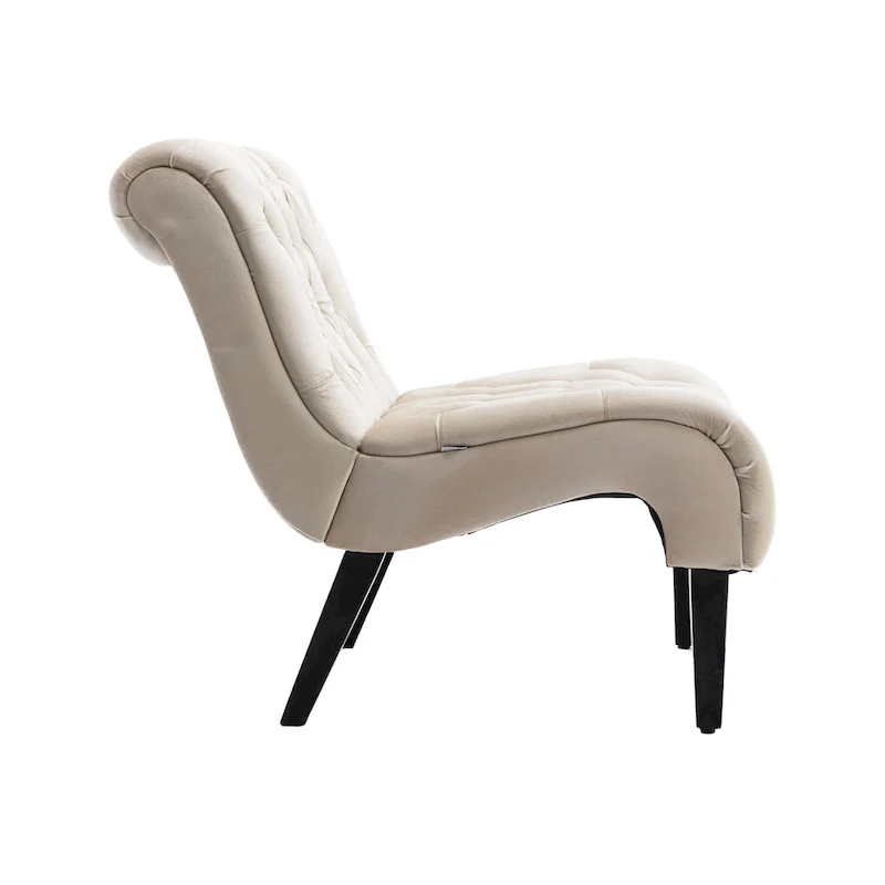 Beige Velvet Accent Chair with Button Tufting and Wooden Legs