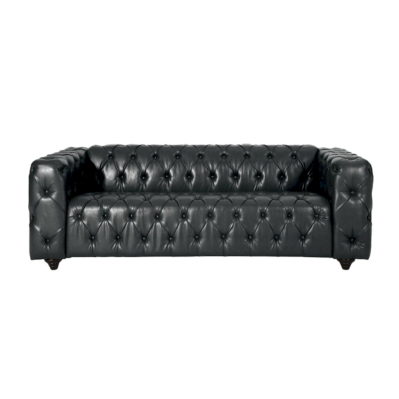 Black Modern 83.5 Faux Leather Button Tufted 3-Seater Sofa with Wood Legs