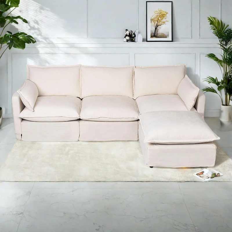 93.31 Faux Linen Modular Sectional Sofa with Movable Ottoman, Solid Wood Frame, and High-Resilience Foam Cushions