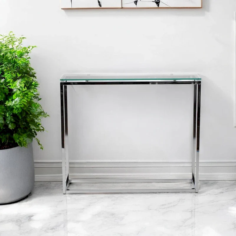 Clear / Black / Gold Tempered Glass Chrome Sled Console Table