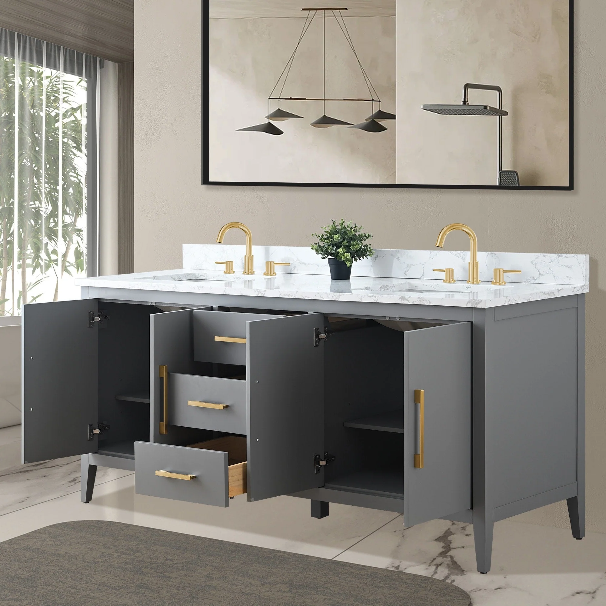 Vanity Art 72 Double Sink Bathroom Vanity Cabinet with Engineered Marble Top