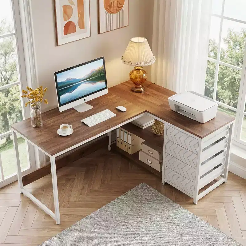 MAYEERTY Reversible L-Shaped Desk with 2-Tier Shelf & 4 Drawers