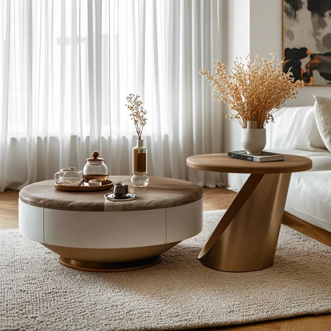 Brown 2 Drawers Elegant Round Wood Coffee Table