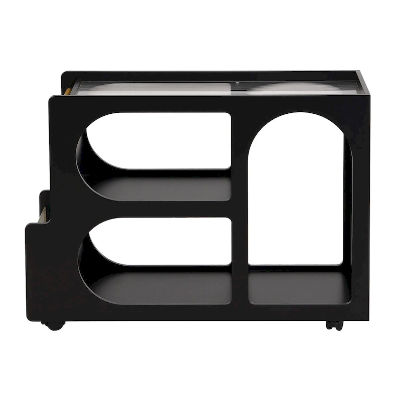 31.5 Modern Mobile End Table with 5mm Thick Fluted Tempered Glass, Lockable Wheels and Golden Round Rod