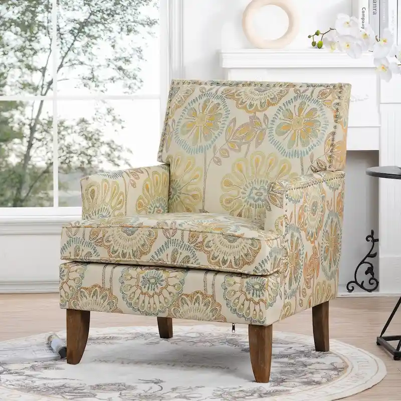 Fabric Upholstered Accent Chairs with Wood Legs