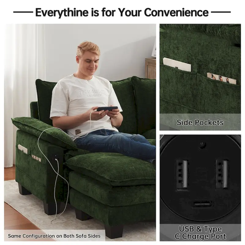 144 Modular Compression Sofa Set Convertible Sectional Sleeper Couch with 2 Ottomans