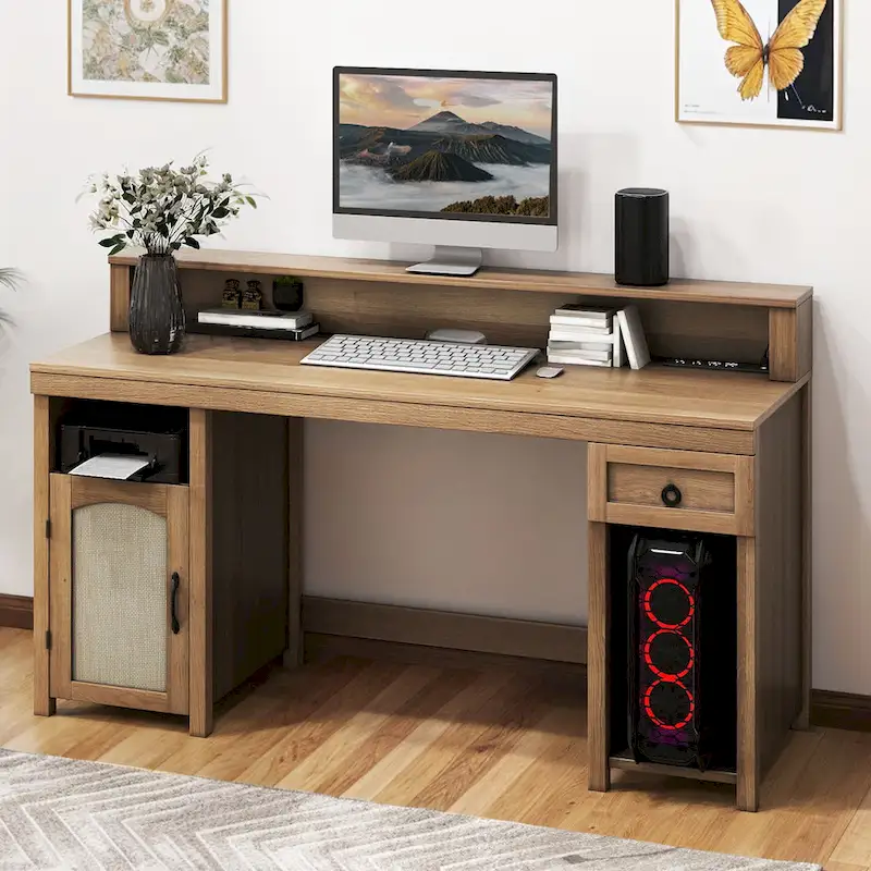 Farmhouse Wood Office Desk with Drawer and LED Strip & Power Outlets