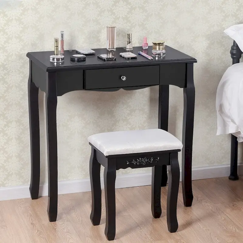Vanity Mirrored Wood Makeup Dressing Table Stool Set Black/ White