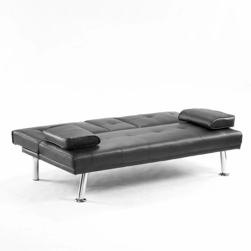 PU Upholstered Modern Convertible Folding Futon Sofa Bed Removable Armrests, Metal Legs, with 2 Cupholders