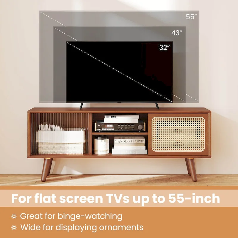 Costway Modern TV Stand Entertainment Center Media Console with Rattan