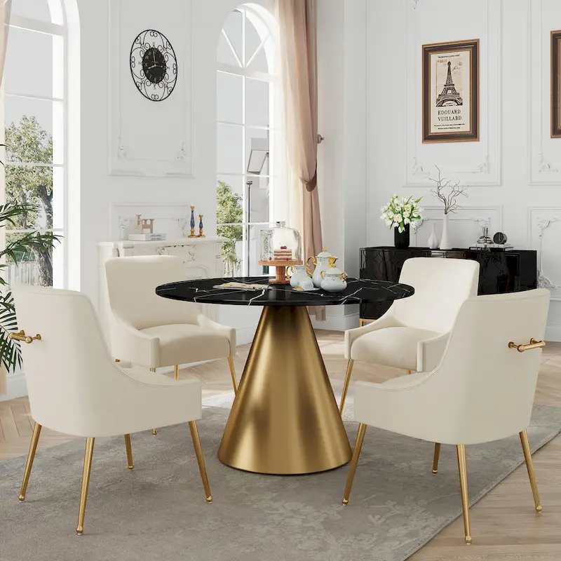 Clihome 5 Piece Black Marble Top Table with Velvet Dining Chair Set