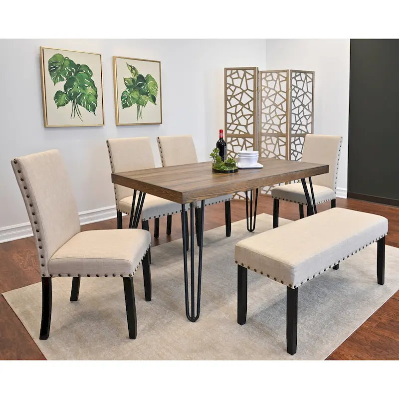 Mid-Century Modern Rectangular Dining Table with Brass Nailhead Chairs and Metallic Hairpin Legs for Kitchen Living Room